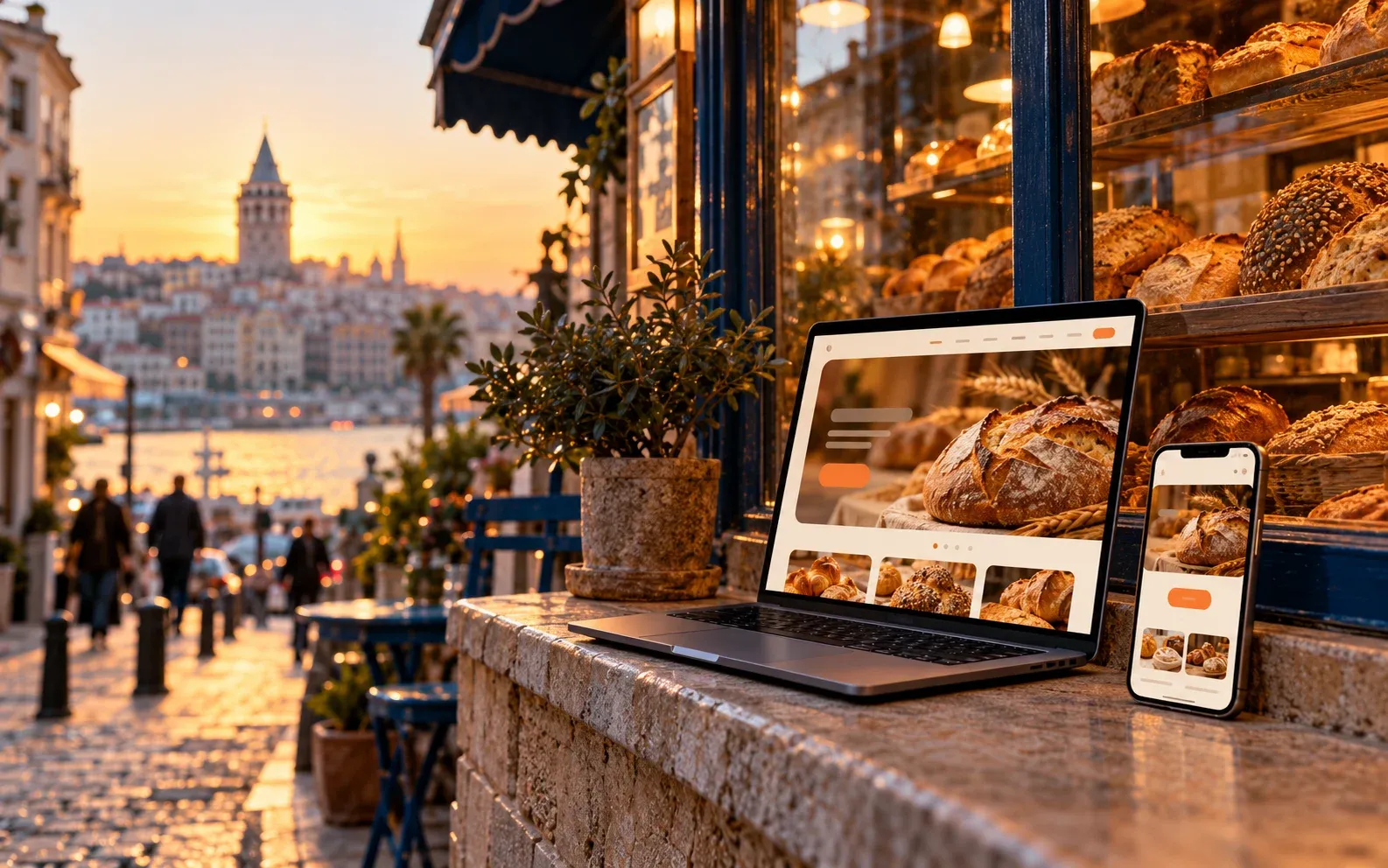 İstanbul’da bir fırının vitrininde, işletme için hazırlanmış web sitesini gösteren laptop ve telefon